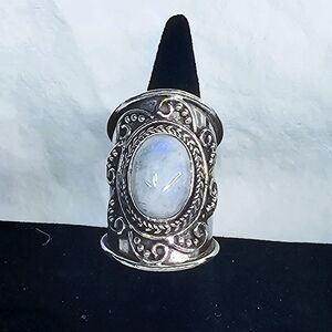 New Silverplated Boho Wide Ring W/ Large Rainbow Moonstone Sz 6.5